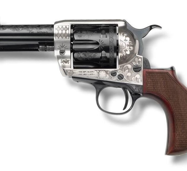 Pietta 1873 Alchimista Jr Handgun .45 Colt  6rd Capacity 3.5" Barrel Silver & Blue Engraved Checkered Grips
