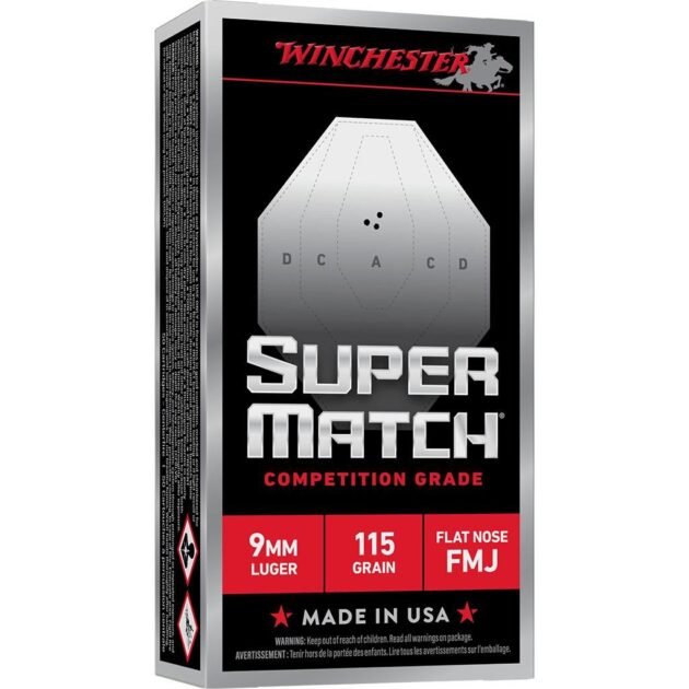 Winchester Super Match Flat Nose Handgun Ammunition 9mm Luger 115gr FMJ 1215fps 50/ct