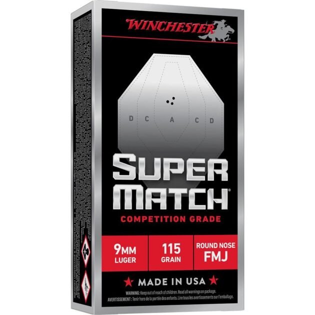 Winchester Super Match Handgun Ammunition 9mm Luger 115gr FMJ 1215fps 50/ct
